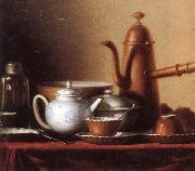 unknow artist Still life of a chocolate pot,teapot,sucrier,bowl,teajar,tea cups and saucers,and silver spoons,all upon a draped table top china oil painting artist